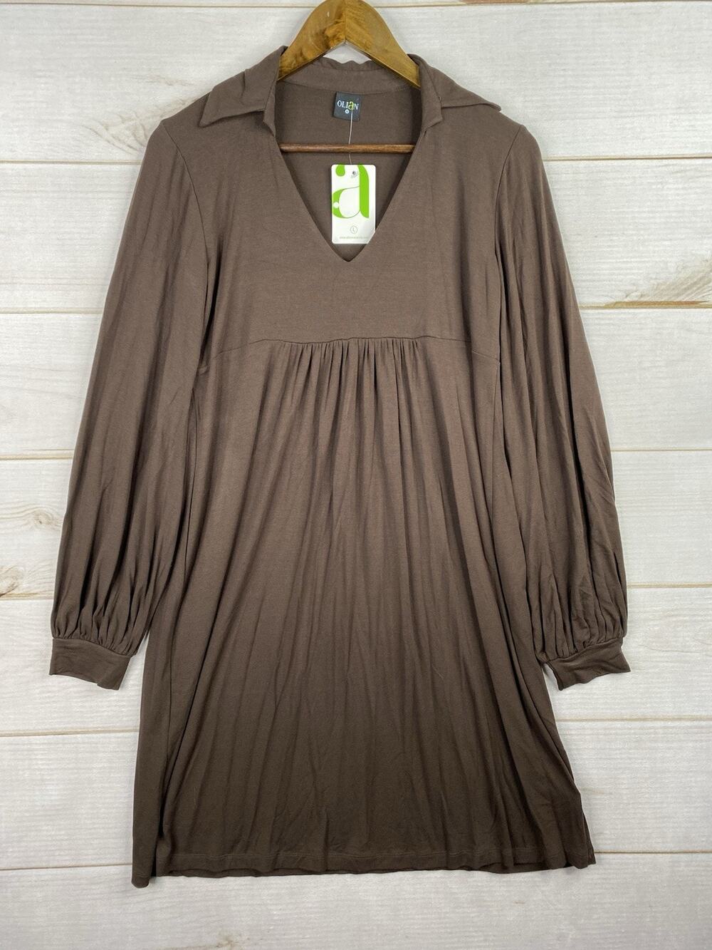Olian Maternity Dress Sz L Brown Long Sleeve Pleated V Neck Knee Length NWT